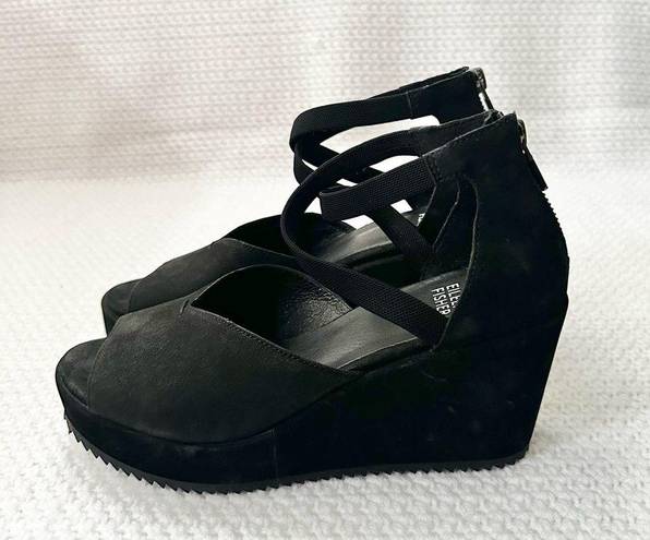 Eileen Fisher  Wylee Black Suede Peep Toe Platform Wedge Heel Sandals 7