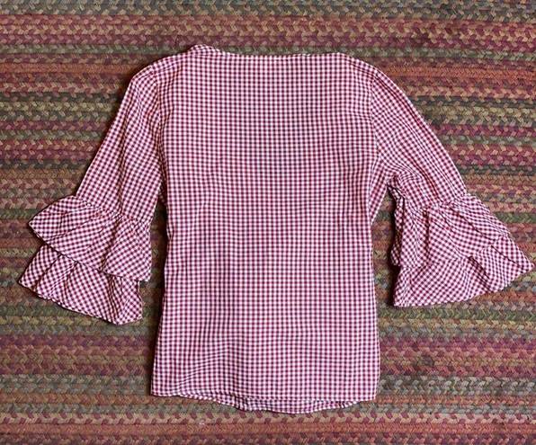 BeachLunchLounge RED GINGHAM RUFFLE SLEEVE TIE FRONT BLOUSE