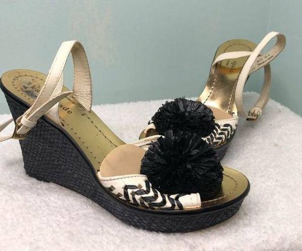 Kate Spade  Straw Rafia, Leather Wedge Sandal Pom Pom 6.5