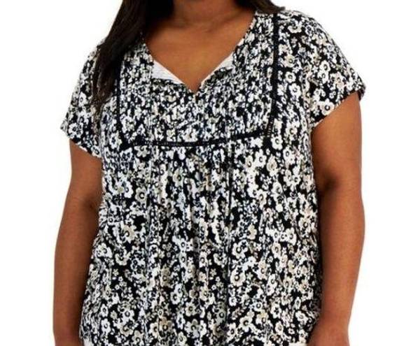 Tommy Hilfiger  Floral Pintuck Popover Top Women's Plus Size 2X Black Tan S/S NEW