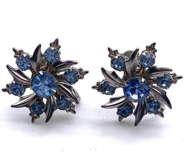 Vintage Blue  Rhinestone Swirl Snowflake Screw Back Earrings clip on