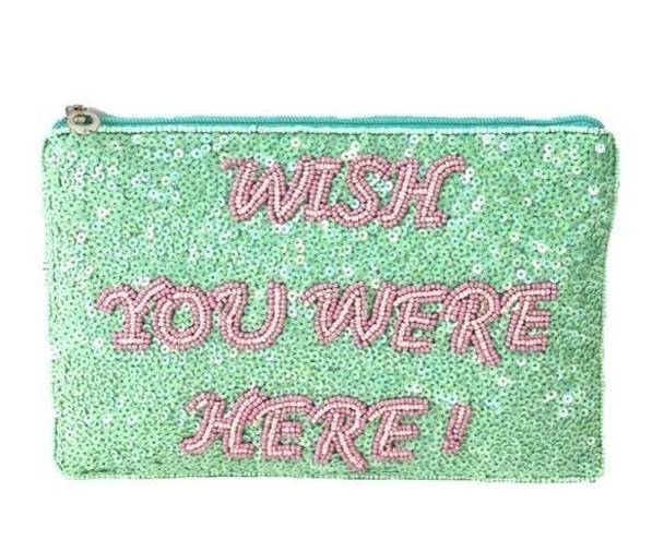 Wish From St. Xavier  You Were Here green sequin clutch bag NWT