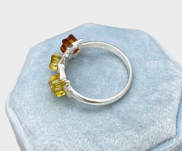 Sterling Silver Genuine Baltic Amber Stars Ring - Sz 8