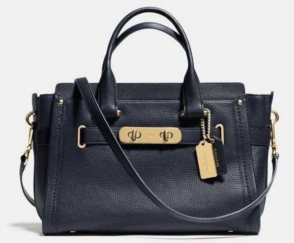 Coach  Pebbled Leather Swagger 27 Navy Blue Gold Satchel Top Handle Purse Bag