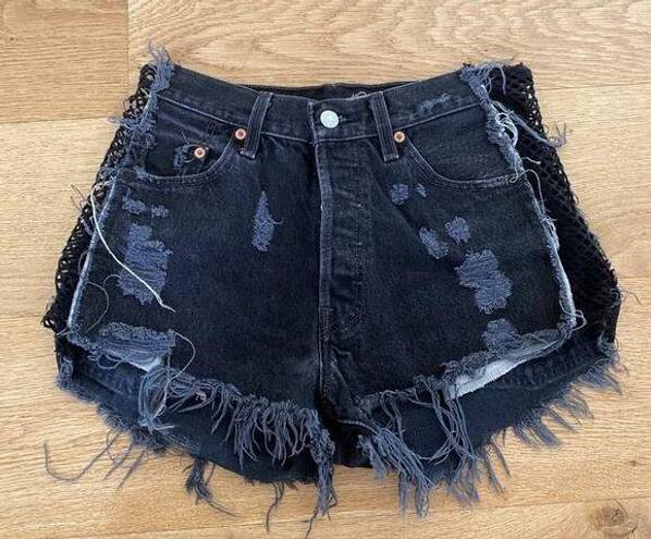 Furst of a Kind  - High Waist Shorts in Black Denim and Black Mesh Panel