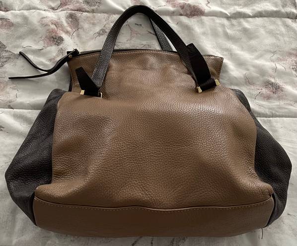 Vera Pelle Leather Tan & Brown Colorblock Shoulder Bag Handbag, size 14x14x4 Made in Italy