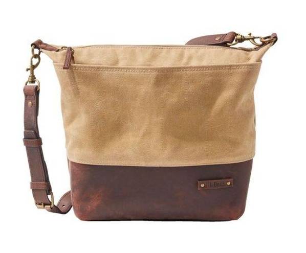 L.L.Bean  Khaki Waxed Canvas Brown Leather Trim Bottom Adjustable Crossbody Bag