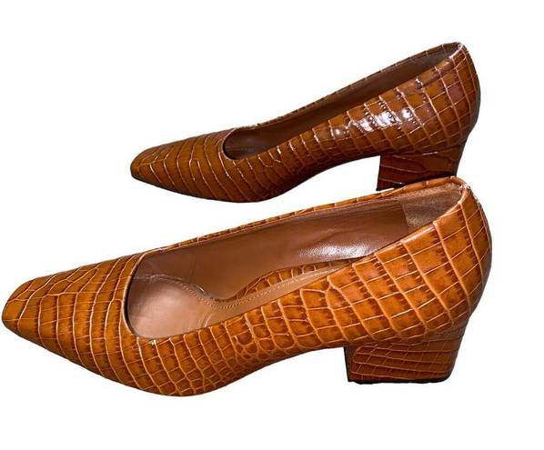 PARKE Marion  Brown Snake Embossed Leather Square Toe Block Heels Size 37/6.5-7