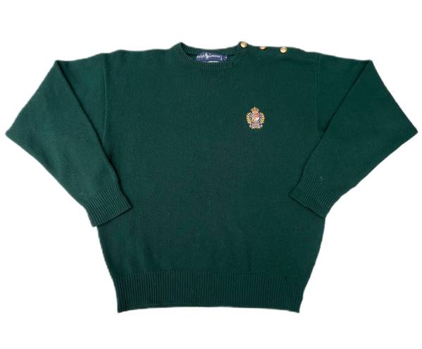 Polo Vintage 90s  Ralph Lauren Green Lambswool Embroidered Crest Pullover Sweater