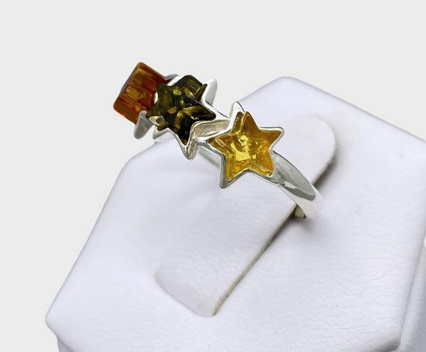 Sterling Silver Genuine Baltic Amber Stars Ring - Sz 8