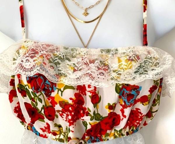 90s Y2K Red Floral Lace Bandeau Tube Crop Top S M​ Size M