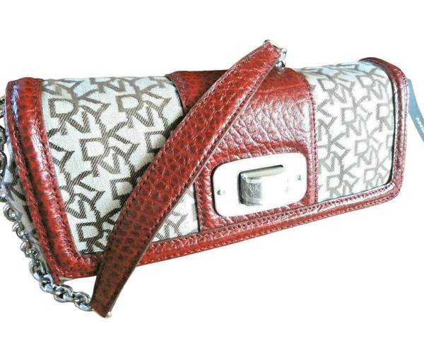 DKNY NEW  Jacquard & Red Leather Nappa HANDBAG Clutch + Chain Purse