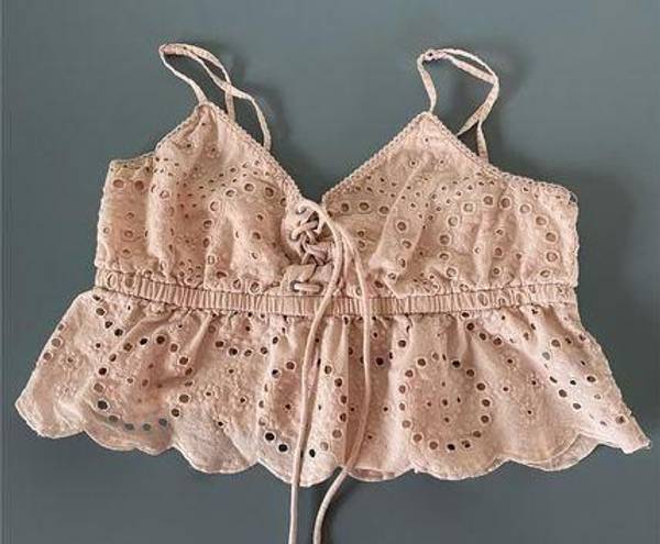 Aerie  pink top womens, cropped spaghetti strap lacey size S