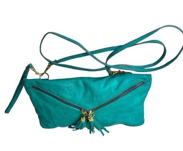 Vera Pelle VTG  Italian LEATHER HANDBAG Teal Crossbody Shoulder Wristlet Clutch!