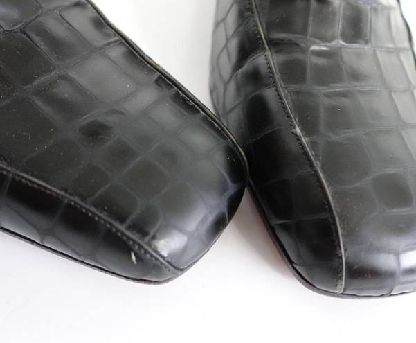 Via Spiga  90s Vintage Black Croc-Embossed Square Toe Leather Heeled Loafers