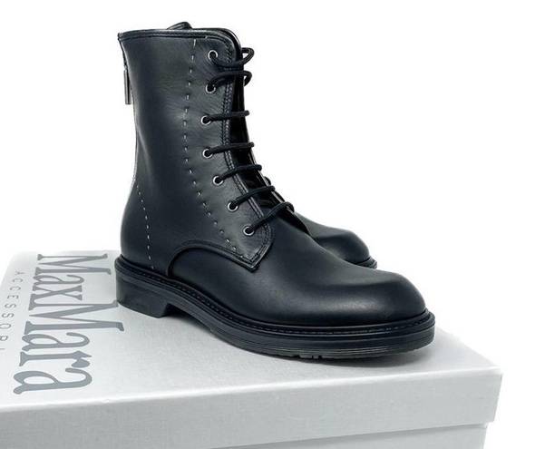 Max Mara  Beth Ankle Zip Black Leather Combat Boots size 7.5