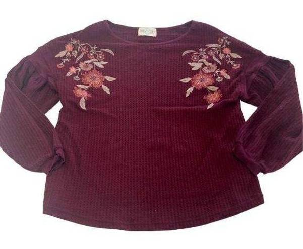 Jun & Ivy  Shirt Womens XX Small Maroon Red Floral Embroidered Long Sleeve Knit