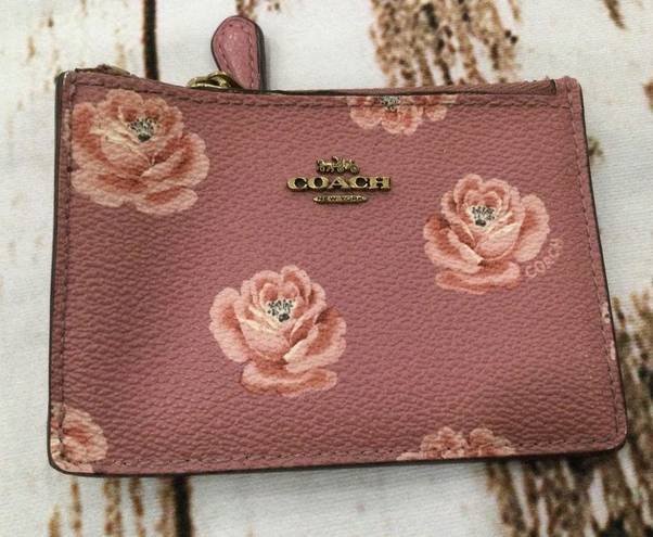 Coach SMALL LEATHER CARD HOLDER WITH ROSE PRINT