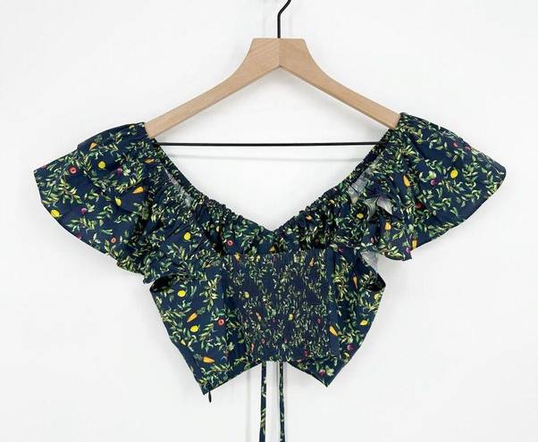 Hill House  Home The Alexa Top Cropped Floral Print V-Neck Navy Blue Green S