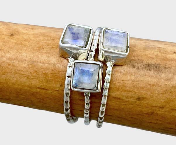 Sterling Silver Rainbow Moonstone Stacker Ring Trio - Sz 6