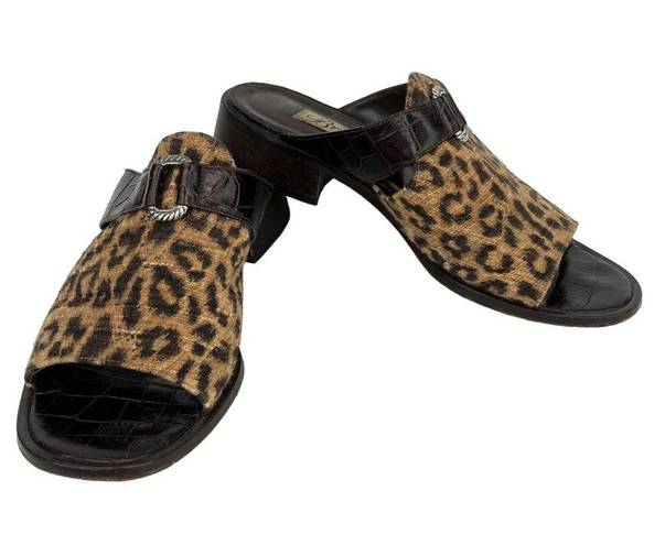 Brighton  Sandals Mules 7.5M Brown Leopard Leather Fabric Silver