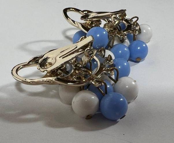 Vintage Blue  and White Beaded Earrings, Clipon Tiered Jewelry