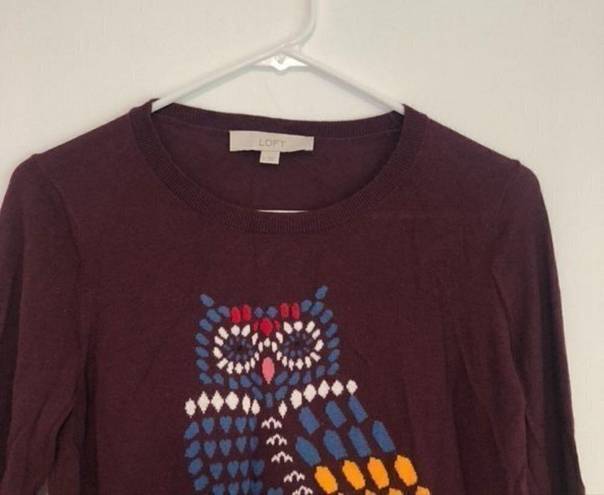 Loft ANN TAYLOR  Mosaic Owl Sweater Burgundy Maroon Graphic Lightweight Wool Etc