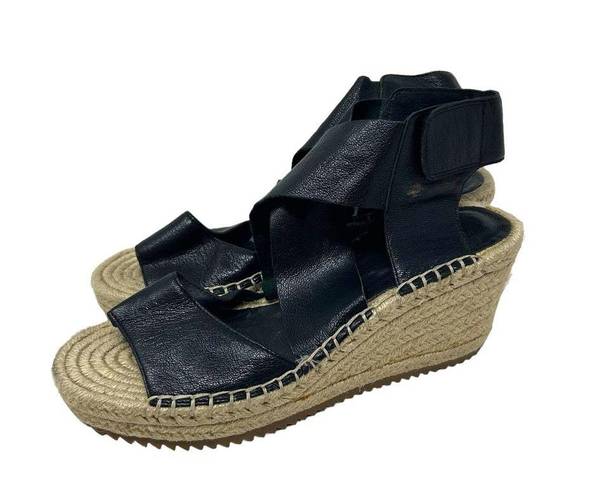 Eileen Fisher  Willow Espadrille Wedge Sandal Black Leather Size 6
