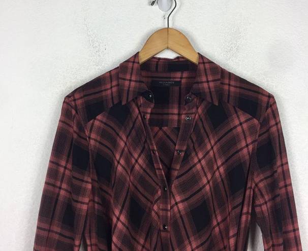 ALLSAINTS  Tala Red Check Plaid Asymmetric Hem Button Shirt Dress XS