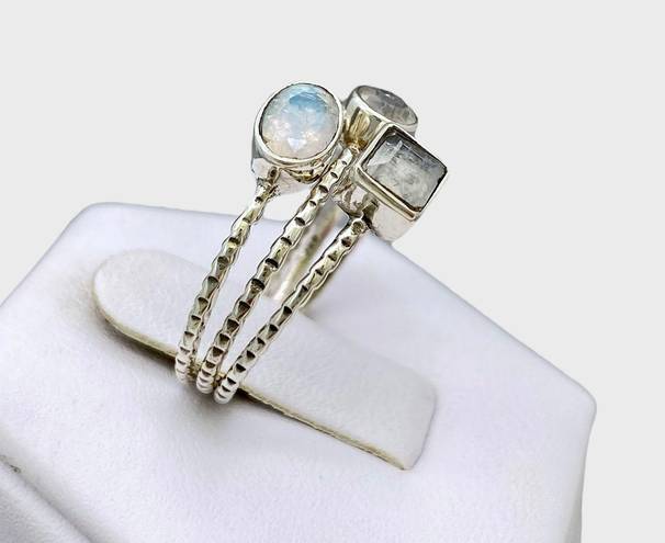 Sterling Silver Rainbow Moonstone Stacker Ring Trio - Sz 9