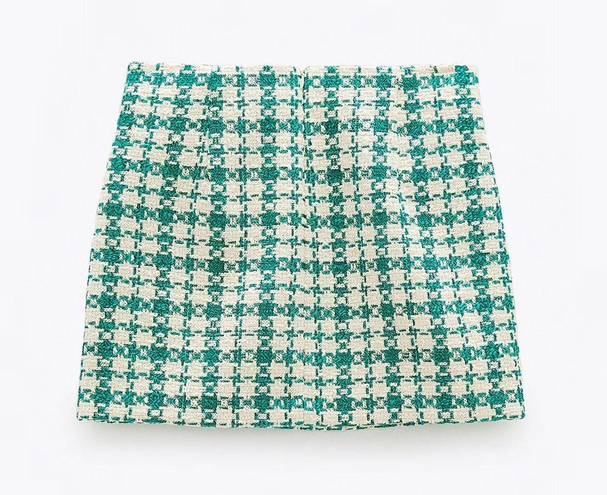 ZARA Green White Bejeweled Knit Plaid Mini Skirt