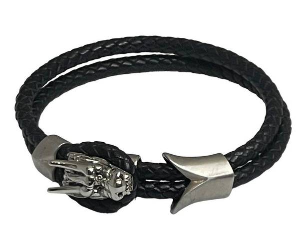 The Row Steeltime  Dragon Double Braided Leather Bracelet  Black Silver  Unisex