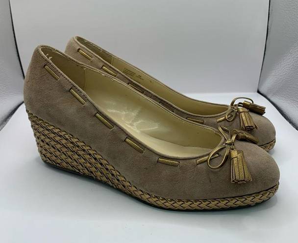 Ralph Lauren  Tan Cambree Tassel Bow Braided Woven Gold Heel Wedge  Womens Sz 8