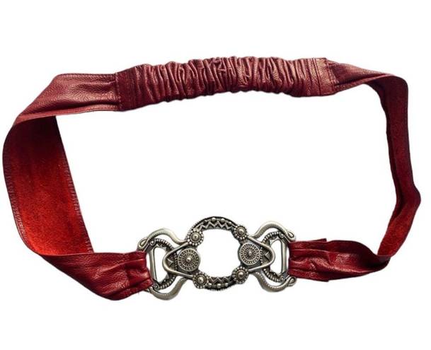 Chico's Red‎ Leather & Silver Tone Stretch Belt Thick Back Elastic