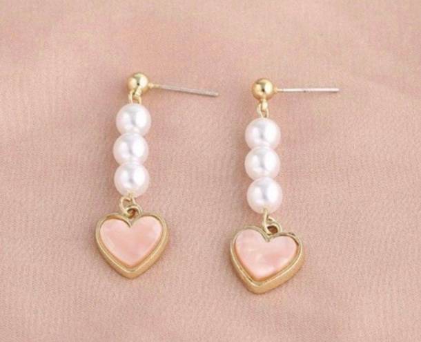 925 Silver Post Pink Heart Pearl Dangle Drop Earrings for Women Gold