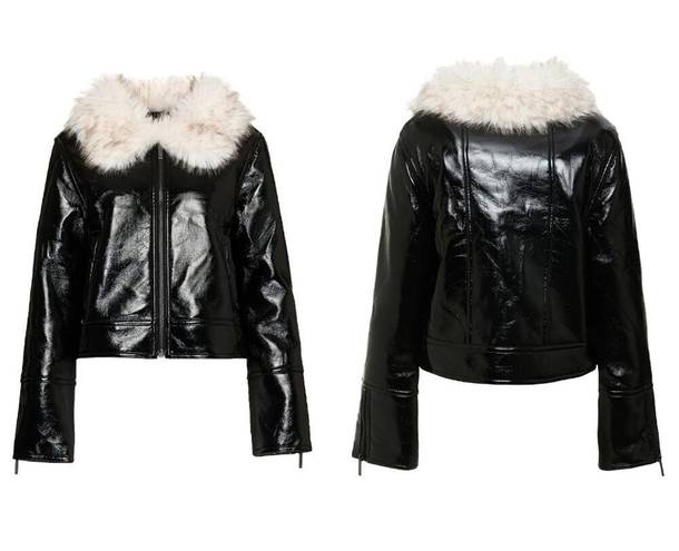 Unreal Fur Wet Look Aviator Biker Jacket Faux Leather & Fur Black Size Large NWT