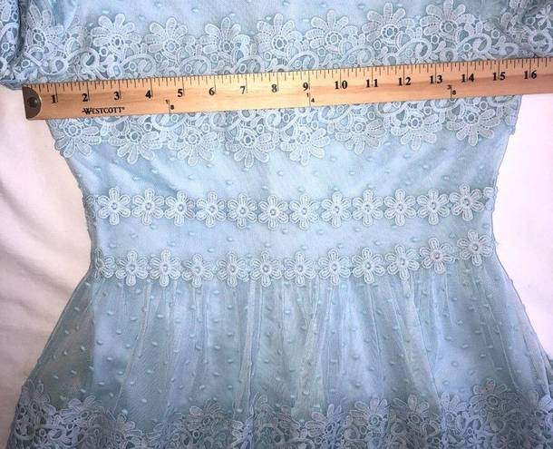 Just Me  Womes Size S Dress Midi Lace Short Sleeves Blue Cottage Modest Party