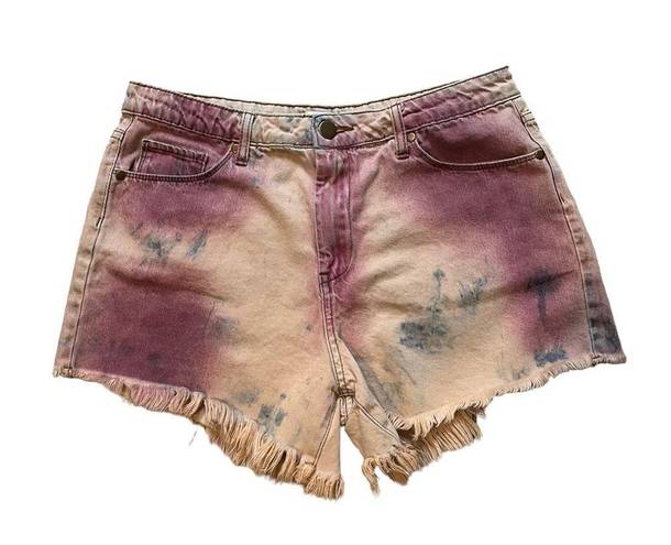 easel Fringe Hem Tie Dyed Cotton Jean Shorts, Sz L