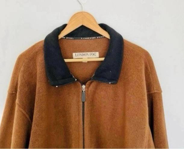 London Fog Vintage  Camel Brown Black Collar Fleece Jacket Coat Warm Minimal