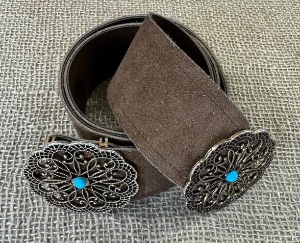 Vintage Brown Suede Leather Belt With Brass & Turquoise Buckle S