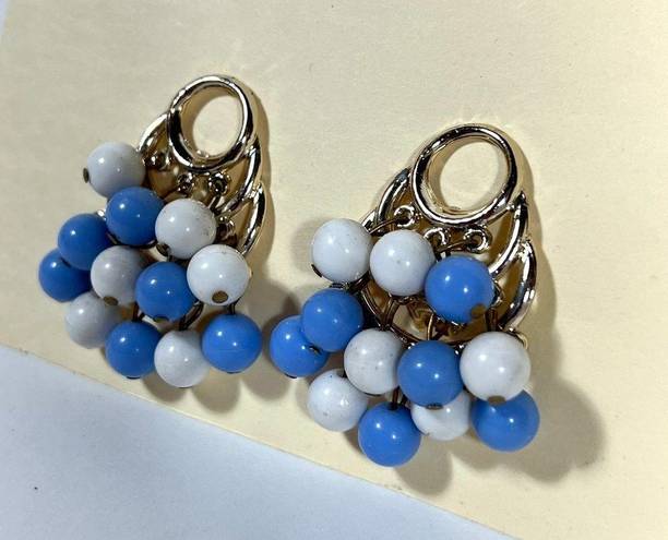 Vintage Blue  and White Beaded Earrings, Clipon Tiered Jewelry