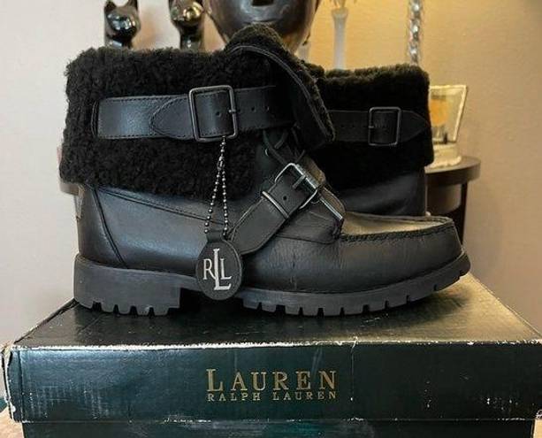 Ralph Lauren Lauren  Zacha black leather Sherpa lined buckle ankle boots W Sz 10B