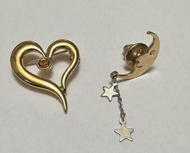 The Moon Lot Of 2 Signed Avon Gold Tone Brooch / Lapel Pin Heart / 