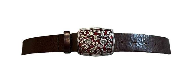 Gap  Brown Leather Ladies Belt, Red Enameled Floral Buckle, Sz S