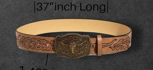 Western Bull Head Buckle Unisex Belt Vintage Style Embossed 37” Faux Leather Tan