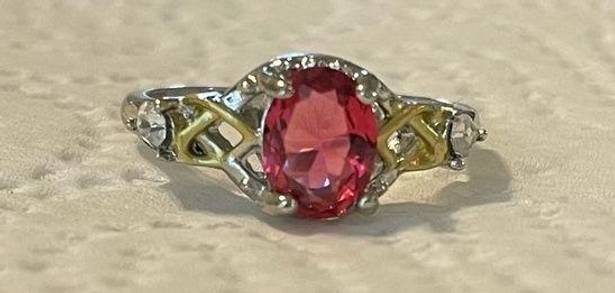 Ruby New Oval  CZ SilverTone & Gold Tone Ring Size 6 7/8