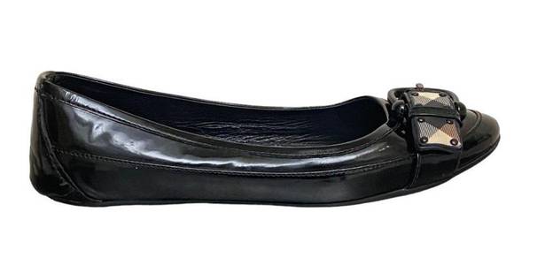 Burberry  Nova Black Patent Leather Plaid Buckle Ballet Flat