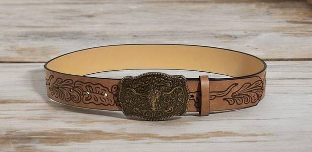 Western Bull Head Buckle Unisex Belt Vintage Style Embossed 37” Faux Leather Tan