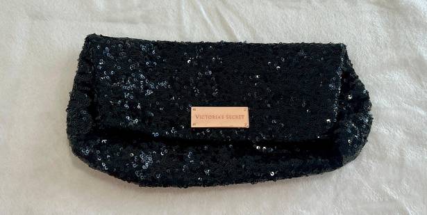 Victoria's Secret Victoria’s Secret Black Sequin Clutch Purse Zipper Pocket Rose Finish Hardware