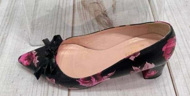 Kate Spade  Black and Pink Rose Floral Block Heel Pumps with Bow Size 6.5M